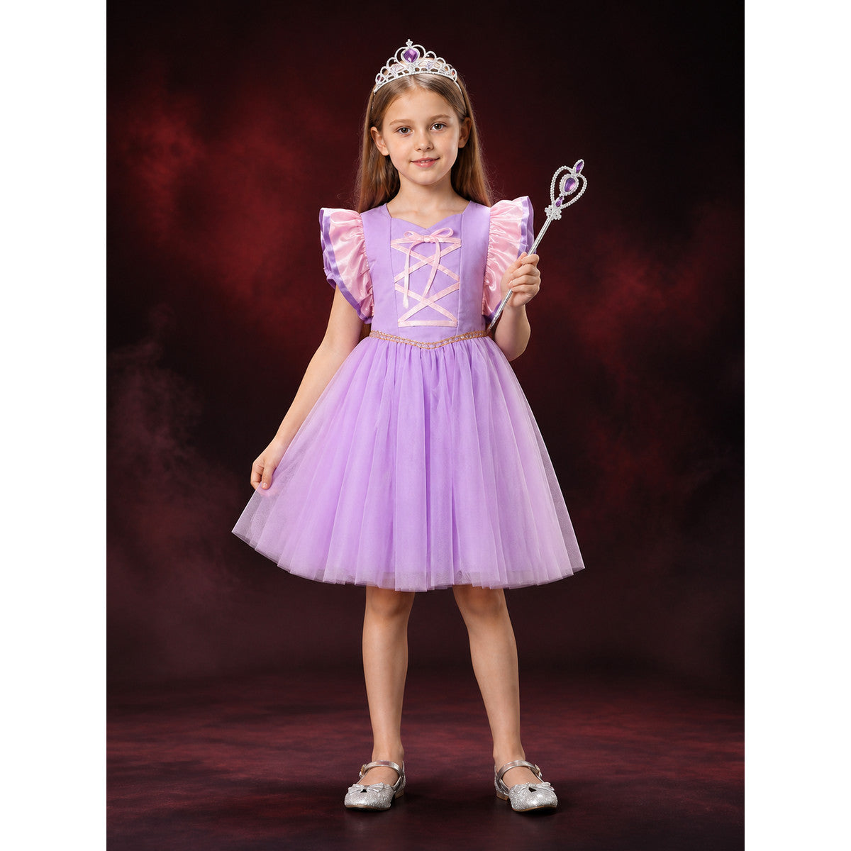 Girls Sofia Princess Purple Tutu Dress with Puff Sleeves and Cross Lace-Up main product view