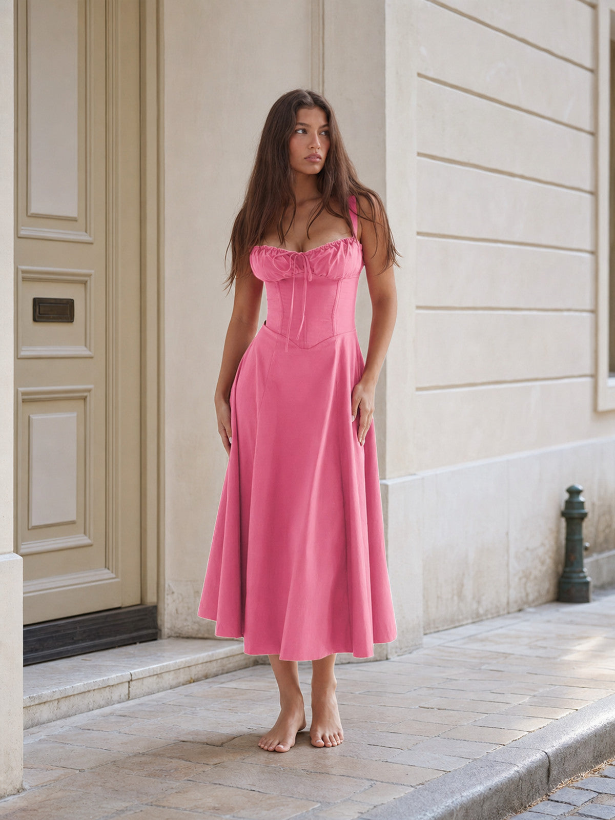 Women's midi dress with thin straps and a drawstring