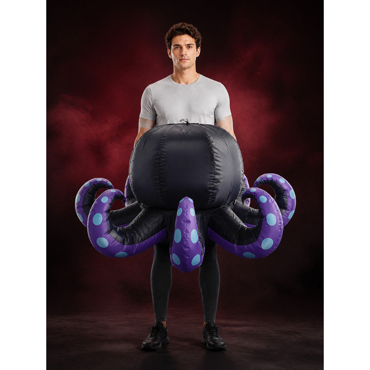 Octopus Inflatable Costume, Black Body with Purple Tentacles and Blue Dots main product view