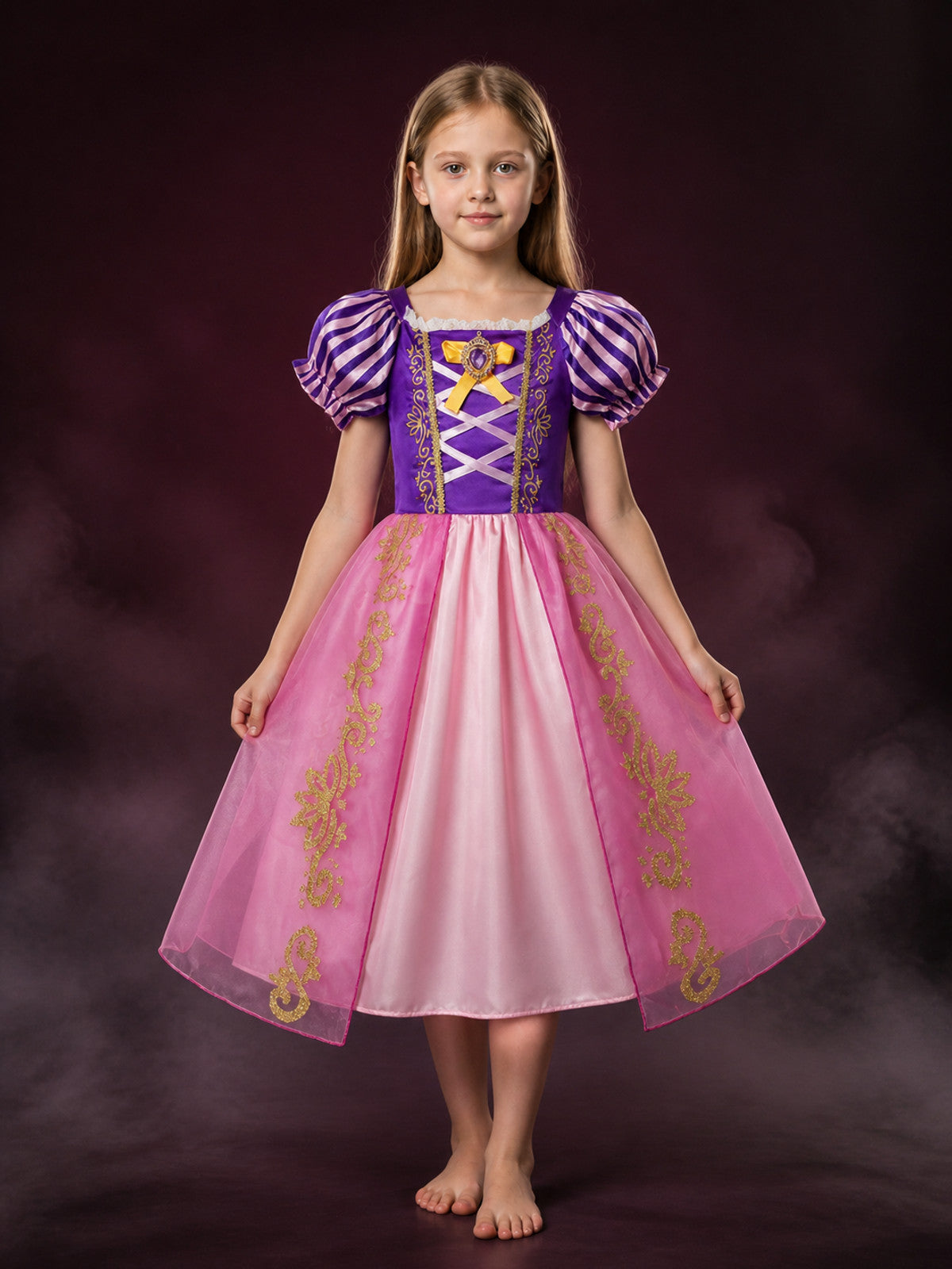 Girls Sleeping Beauty Princess Dress, Aurora Costume with Puffy Sleeves & Bow