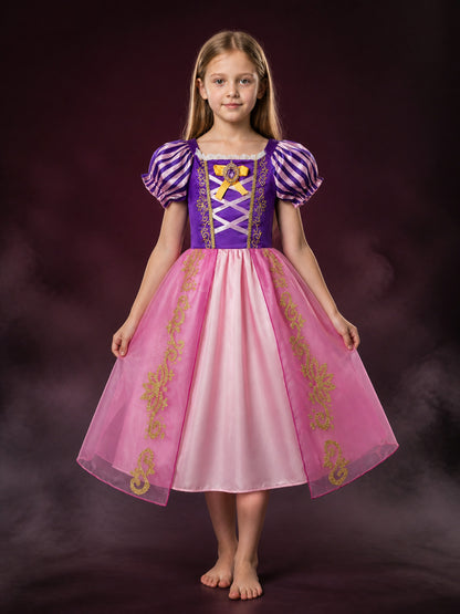 Girls Sleeping Beauty Princess Dress, Aurora Costume with Puffy Sleeves & Bow