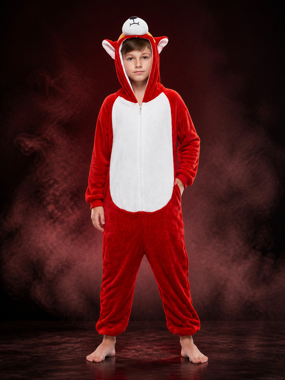 Red and White Hooded Animal Character Jumpsuit Costume main product view