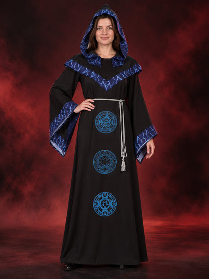 Black wizard robe with blue lightning bolts and a hood