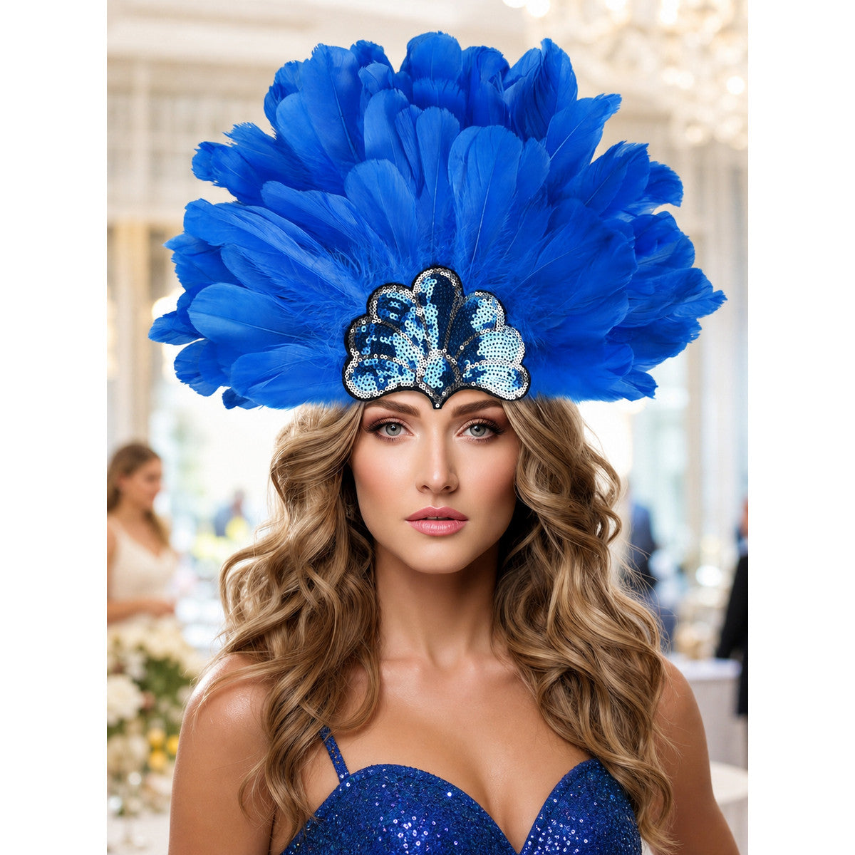 Blue feather headpiece with a sequined centerpiece, shown on a model in a blue sequined outfit