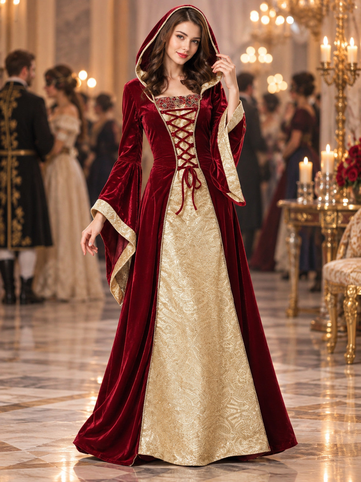 Medieval-Style Dress with Hood and Lacing