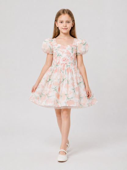 Princess Dress for Girls with Floral Print and Bow
