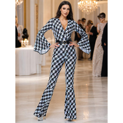 Retro Flared Jumpsuit with Geometric Print