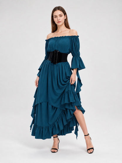 Off-the-Shoulder Dress with Ruffles and Corset Panel