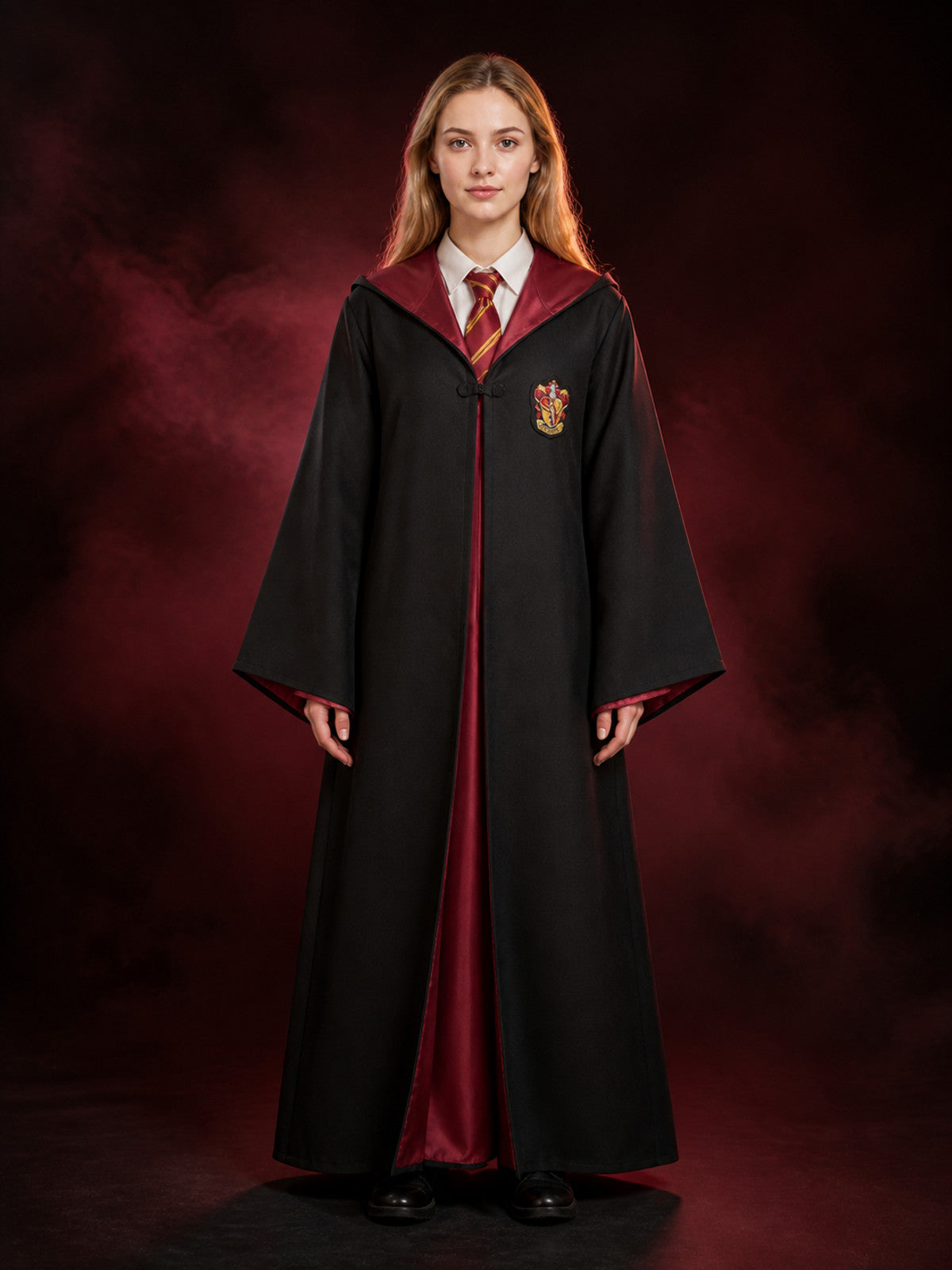 Wizard Robe Costume Set, Black Long Cloak with Red Lining, Striped Tie and Badge main product view