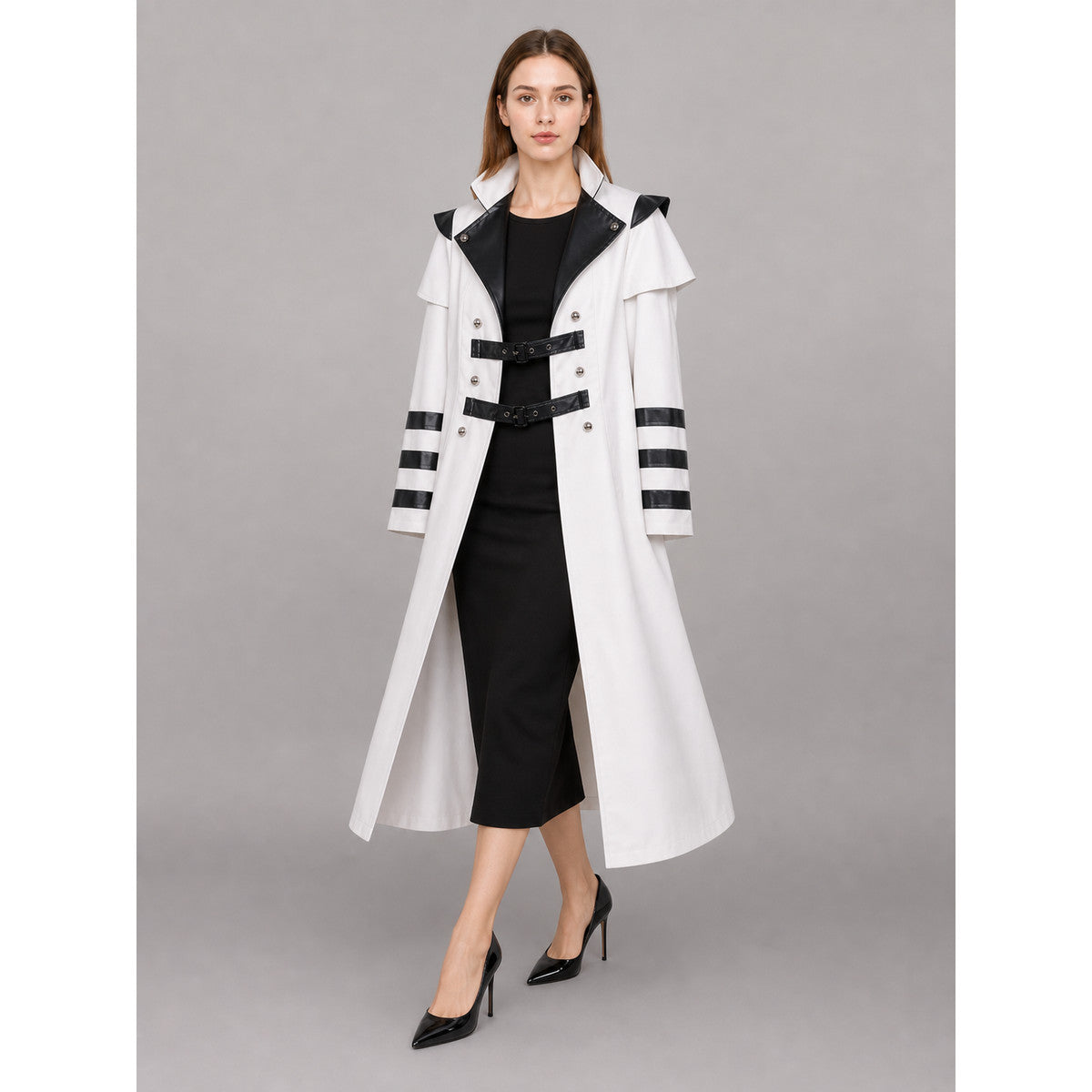 White carnival cape with black lapels lifestyle