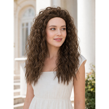 Long brown curly hair accessory shown on a woman in a white dress in an indoor setting 2