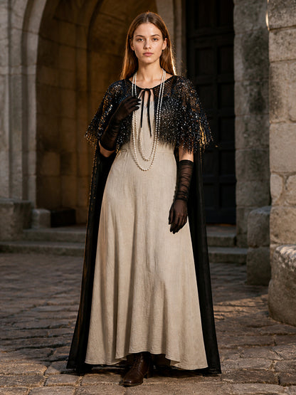 Black Fringe Lace Shawl Cape Set with Layered Necklace & Mesh Gloves for Women