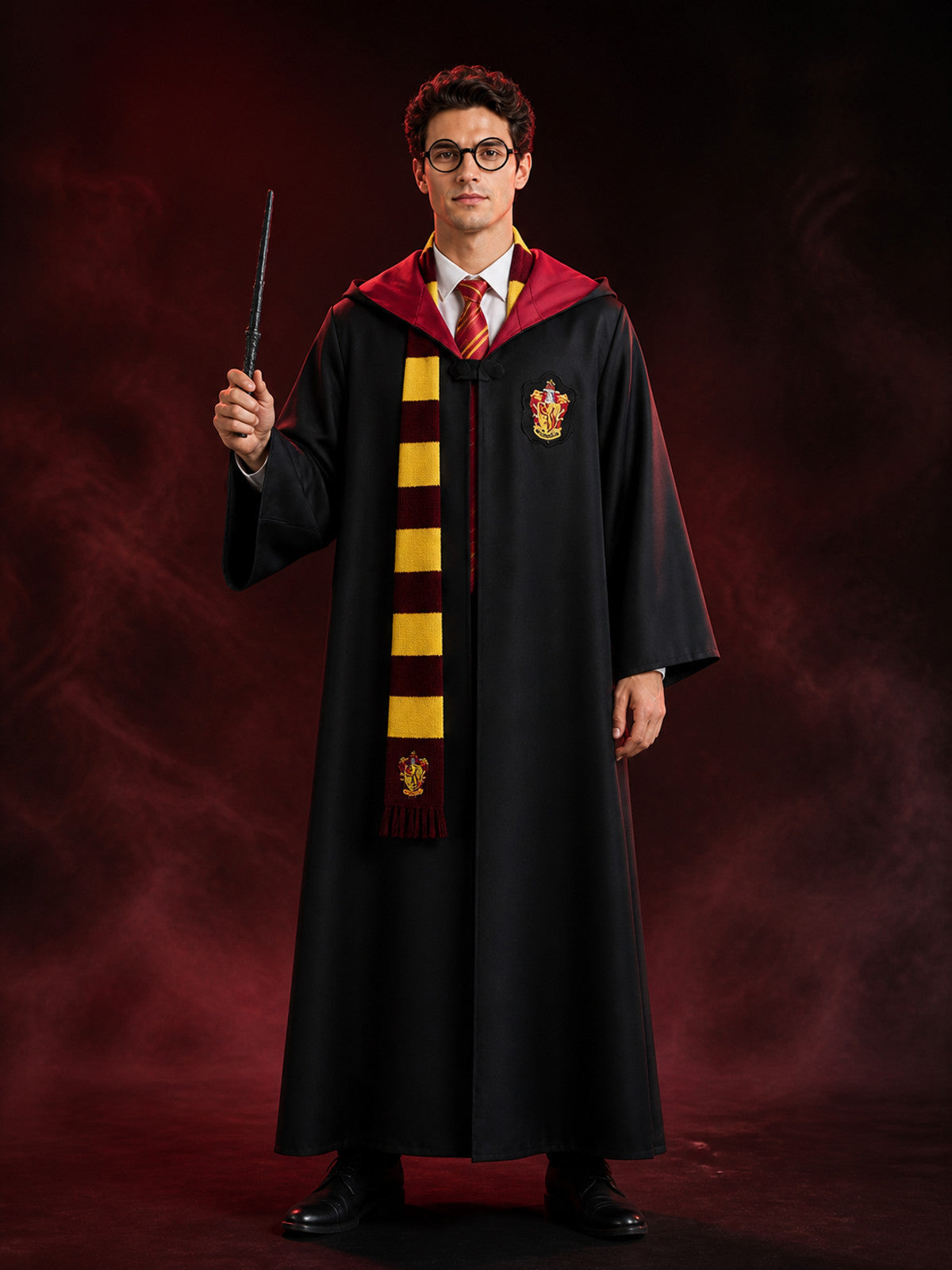 Gryffindor Wizard Costume Set, Hooded Robe With Scarf, Tie, Glasses And Wand