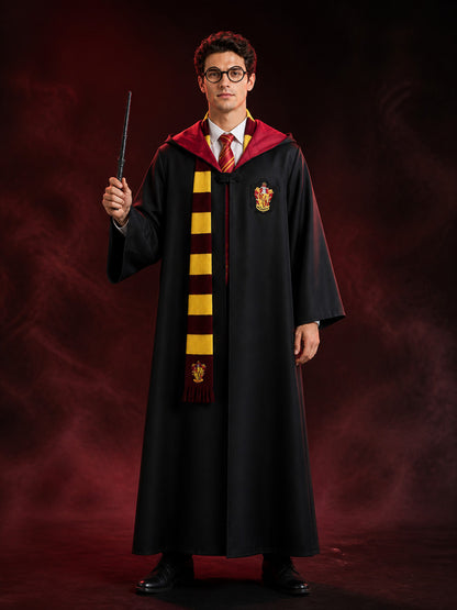 Gryffindor Wizard Costume Set, Hooded Robe With Scarf, Tie, Glasses And Wand