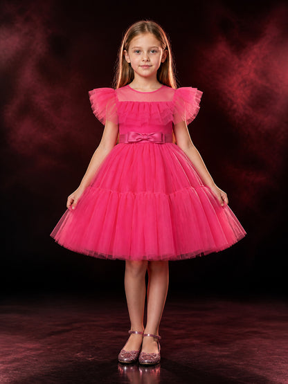 Girls' Princess Tulle Formal Dress with Puff Sleeves and Bow Waist, Rose Red main product view