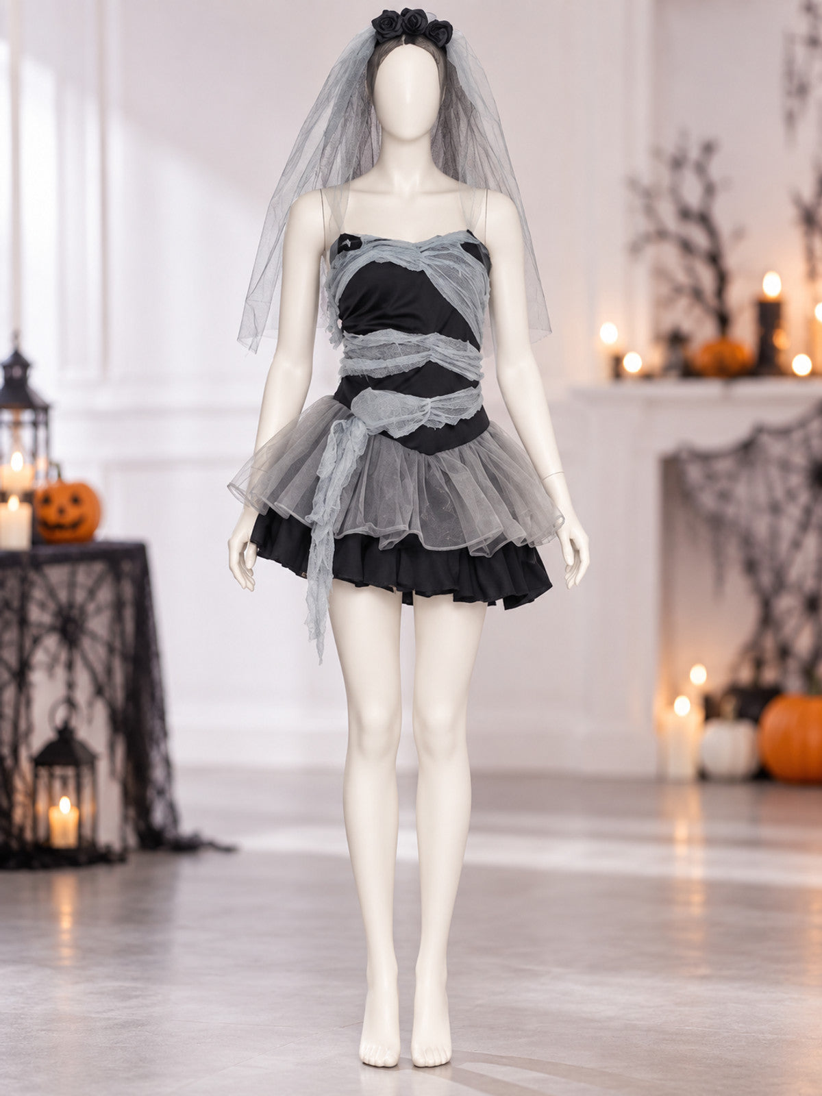 Ghost Bride Costume Black and Gray with Veil