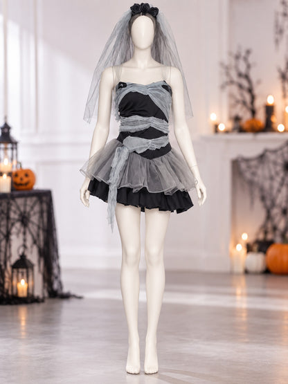 Ghost Bride Costume Black and Gray with Veil