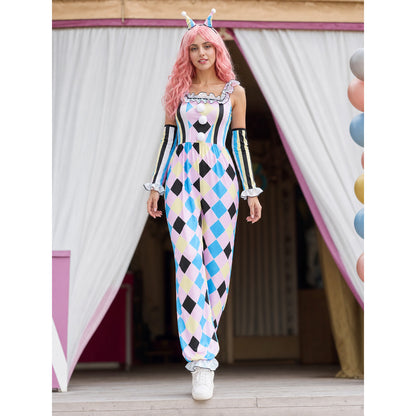 Harlequin clown carnival costume, jumpsuit lifestyle view