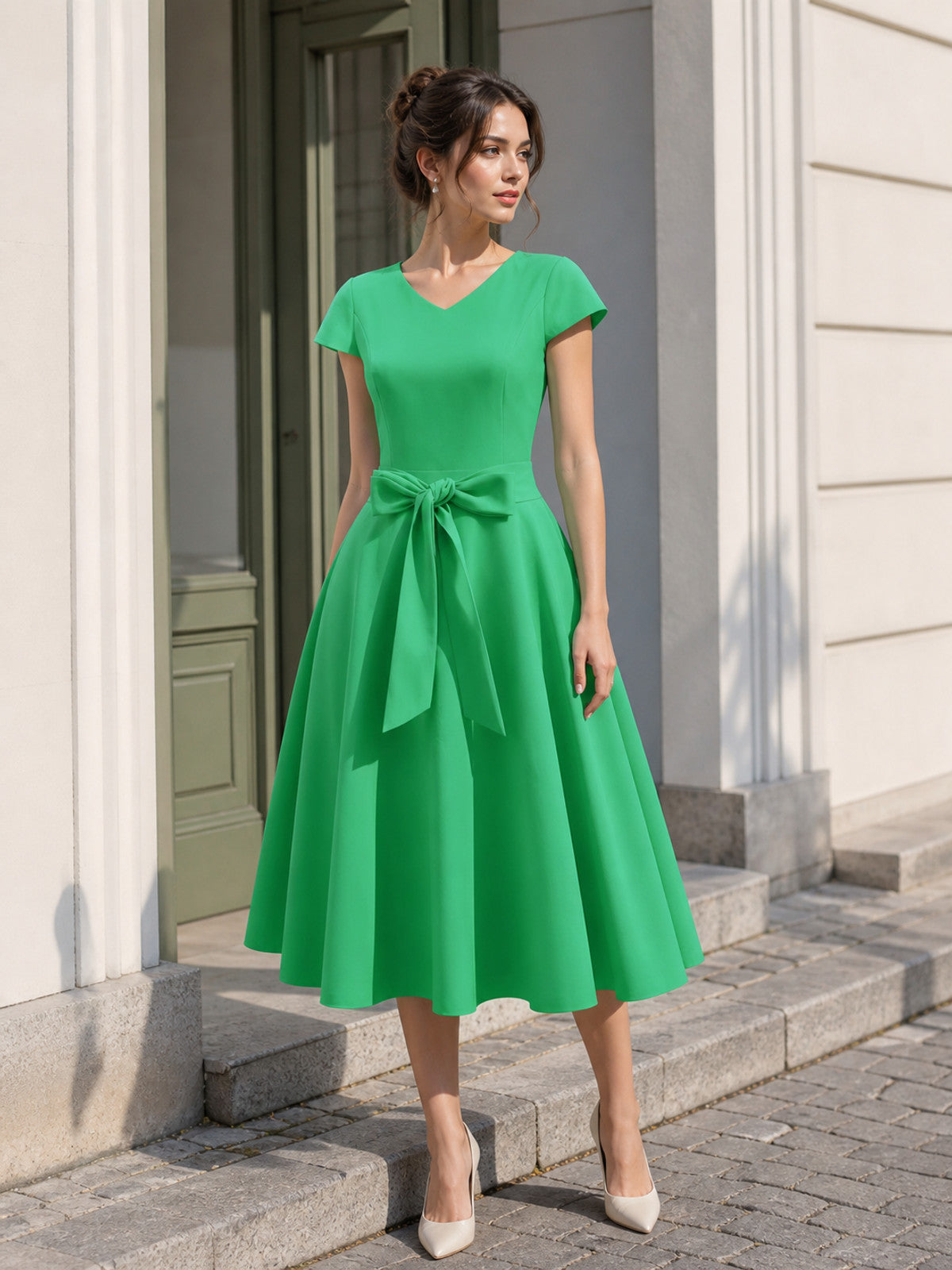 Green Dress with a V-Neck and Bow