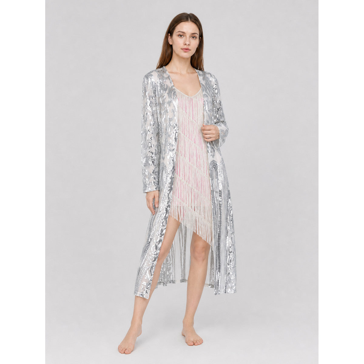 Sequin and Fringe Cardigan with Stand Collar
