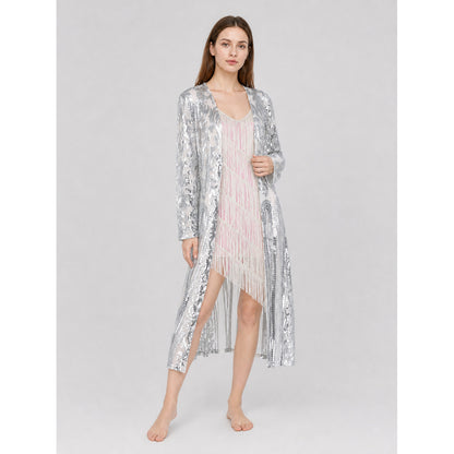 Sequin and Fringe Cardigan with Stand Collar