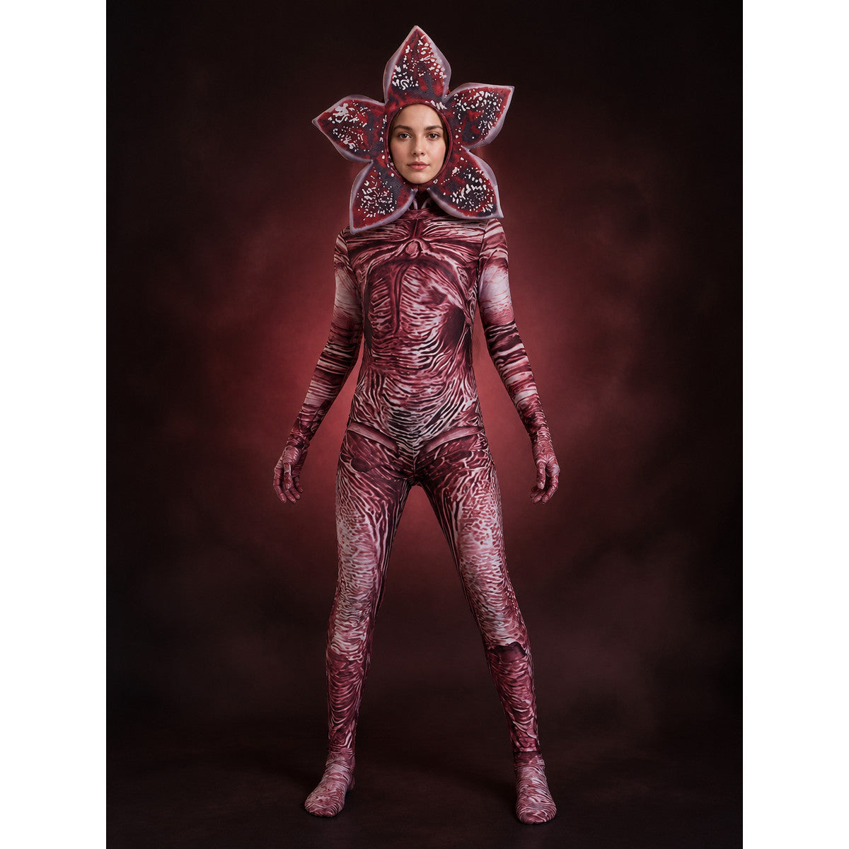 Carnivorous Plant Jumpsuit Costume Set with Petal Headpiece and Muscle Texture main product view