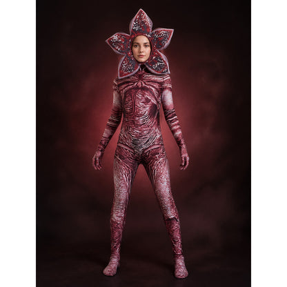 Carnivorous Plant Jumpsuit Costume Set with Petal Headpiece and Muscle Texture main product view