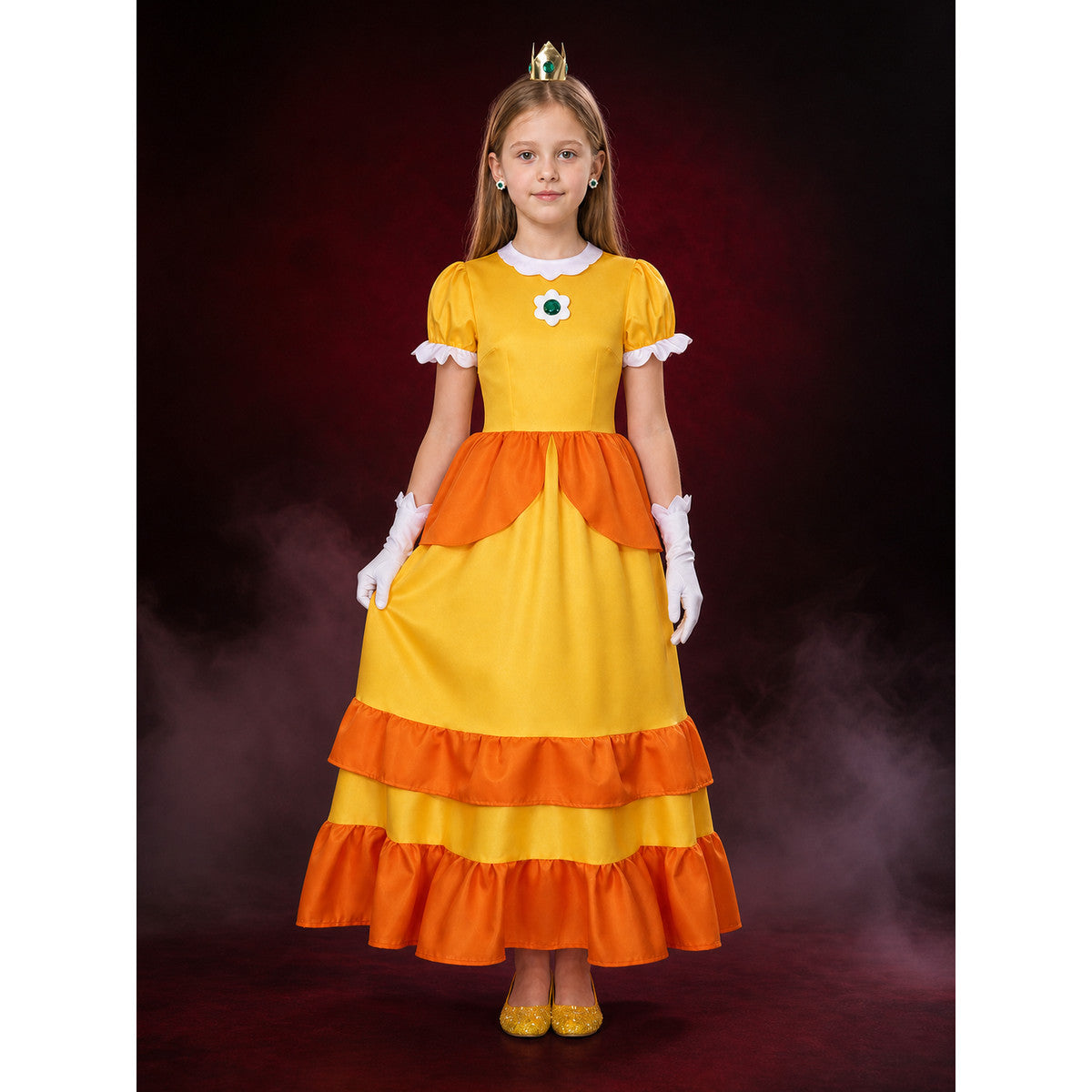 Kids Princess Halloween Costume Set - Yellow Orange Ruffle Dress With Crown main product view
