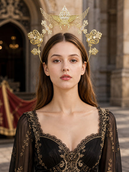 1pc Gold Halo Wing Headband, Ornate Metal Headpiece with Symmetrical Floral and
