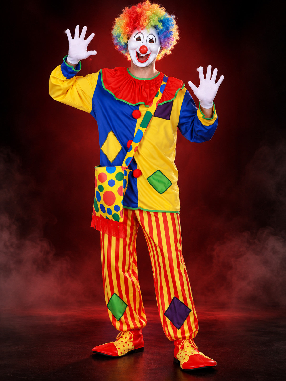 Clown Costume with Wig, Mask, Bow, and Ruffled Collar