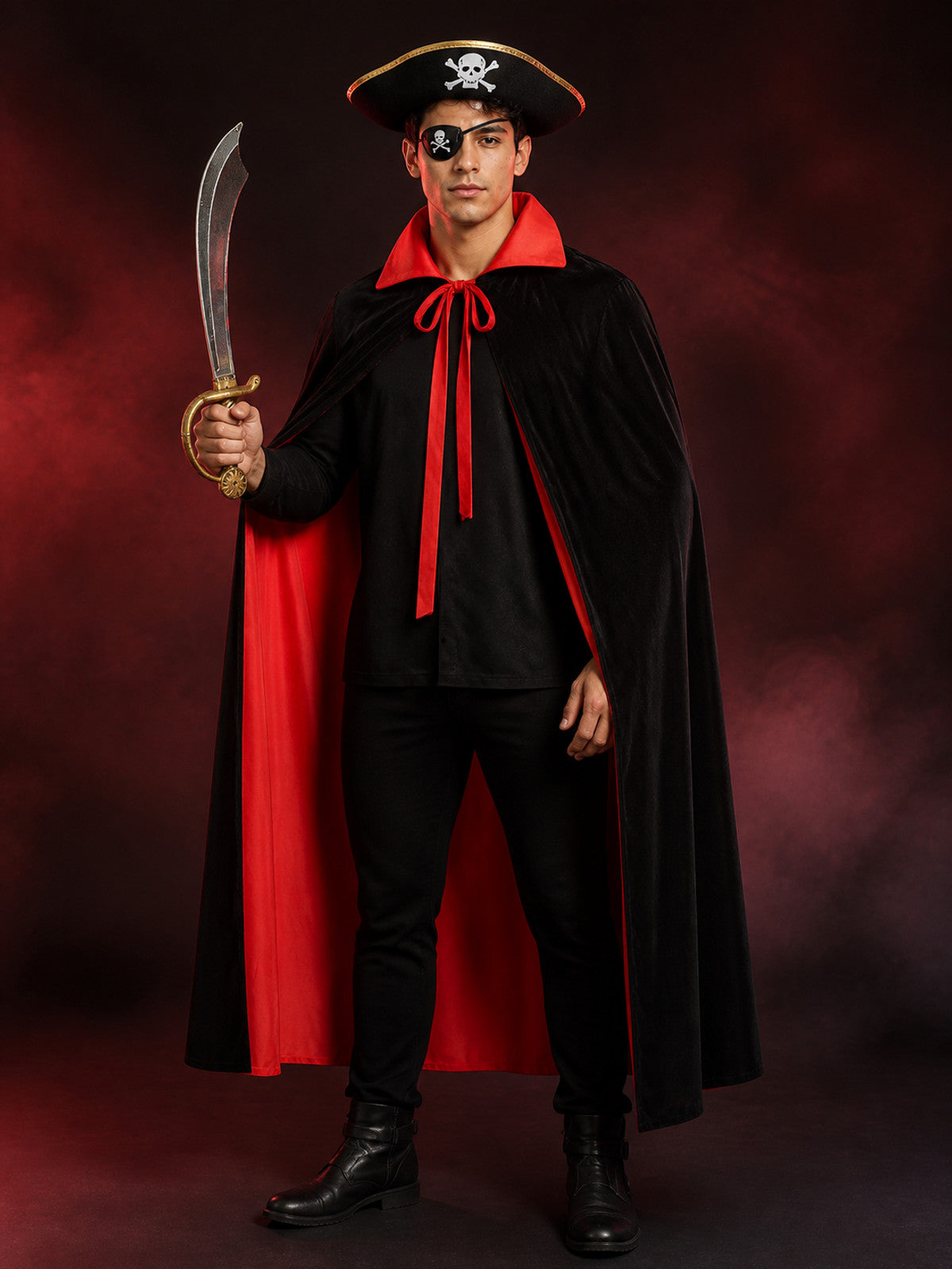 Adult & Kids Pirate Costume Set, Double-Sided Black/Red Cape, Skull & Crossbones main product view