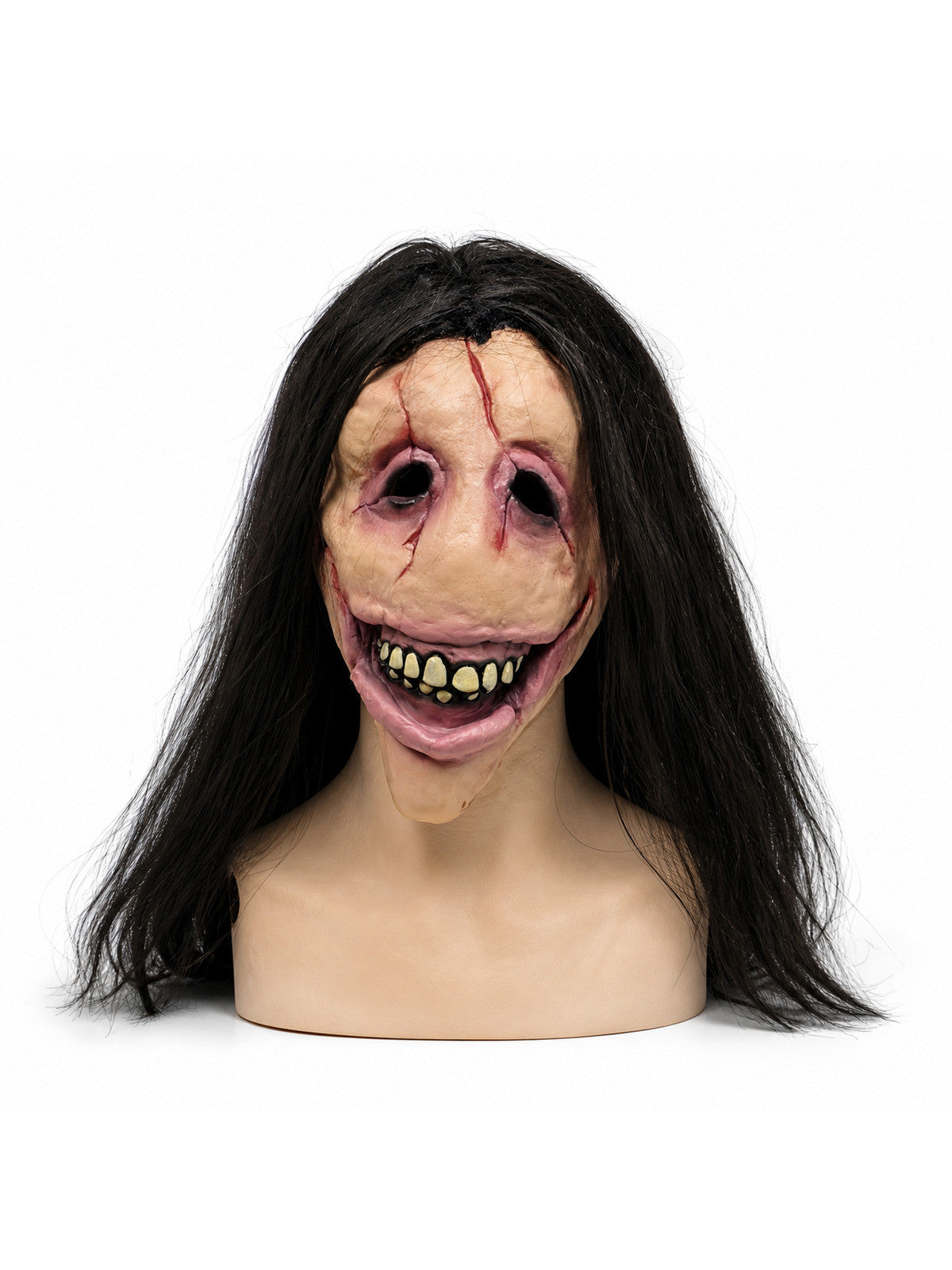 Slit Mouth Woman Mask Scary Female Ghost Hair Creepy Smile Horror Latex Face