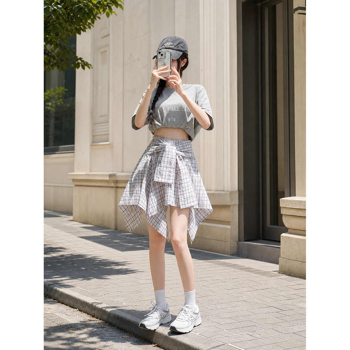 Women's Set: Short T-Shirt and Plaid Skirt lifestyle