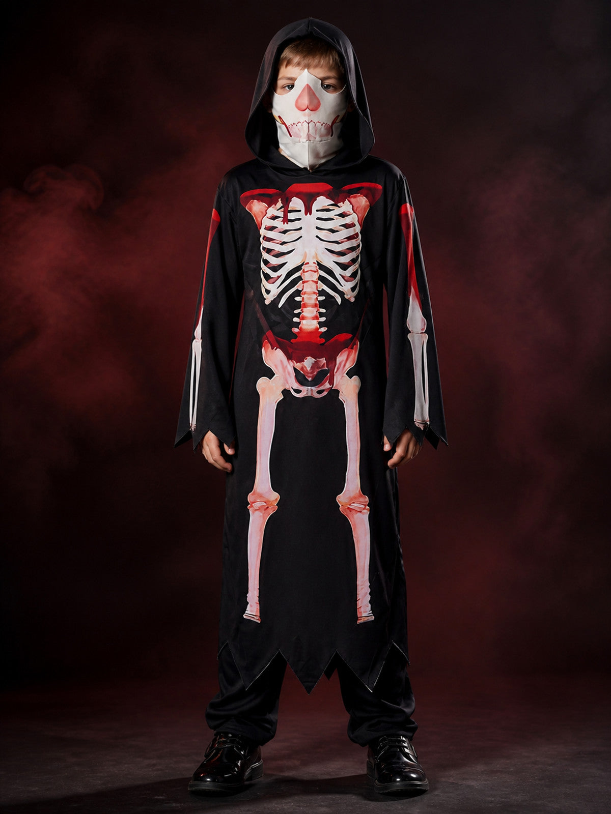 Hooded Skeleton Jumpsuit Costume with Full Bone Print for Halloween
