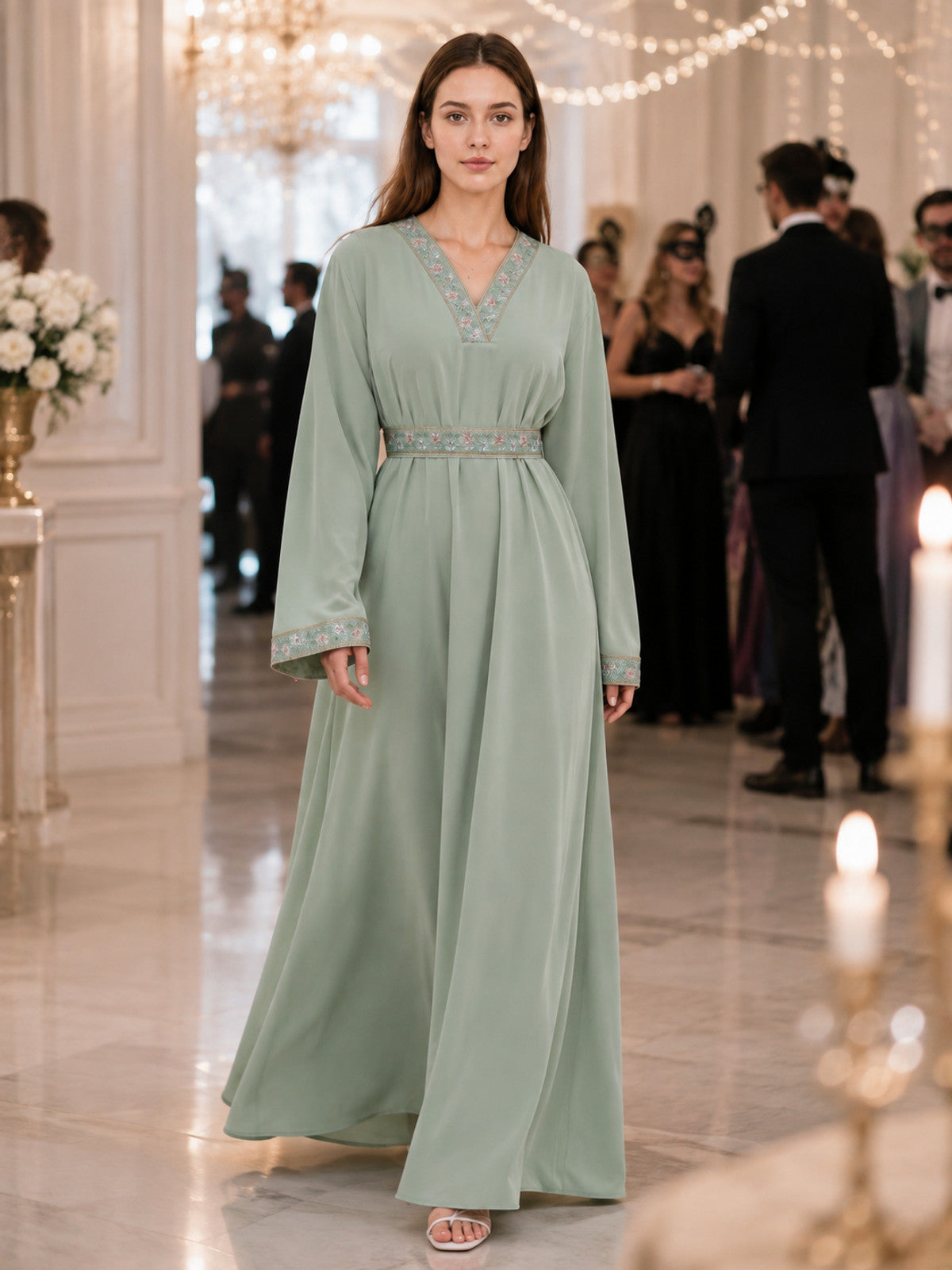 Light Green Embroidered Dress with Tie Belt lifestyle view