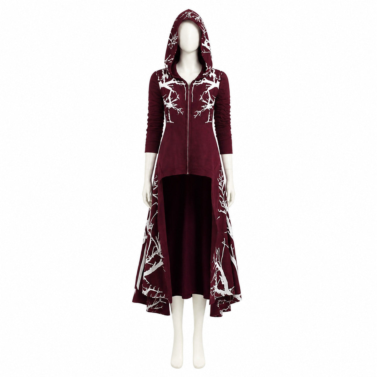 Wine-Colored Hooded Cloak with Branch Print for Halloween Costume Capes detail