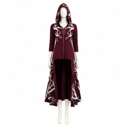 Wine-Colored Hooded Cloak with Branch Print for Halloween Costume Capes detail