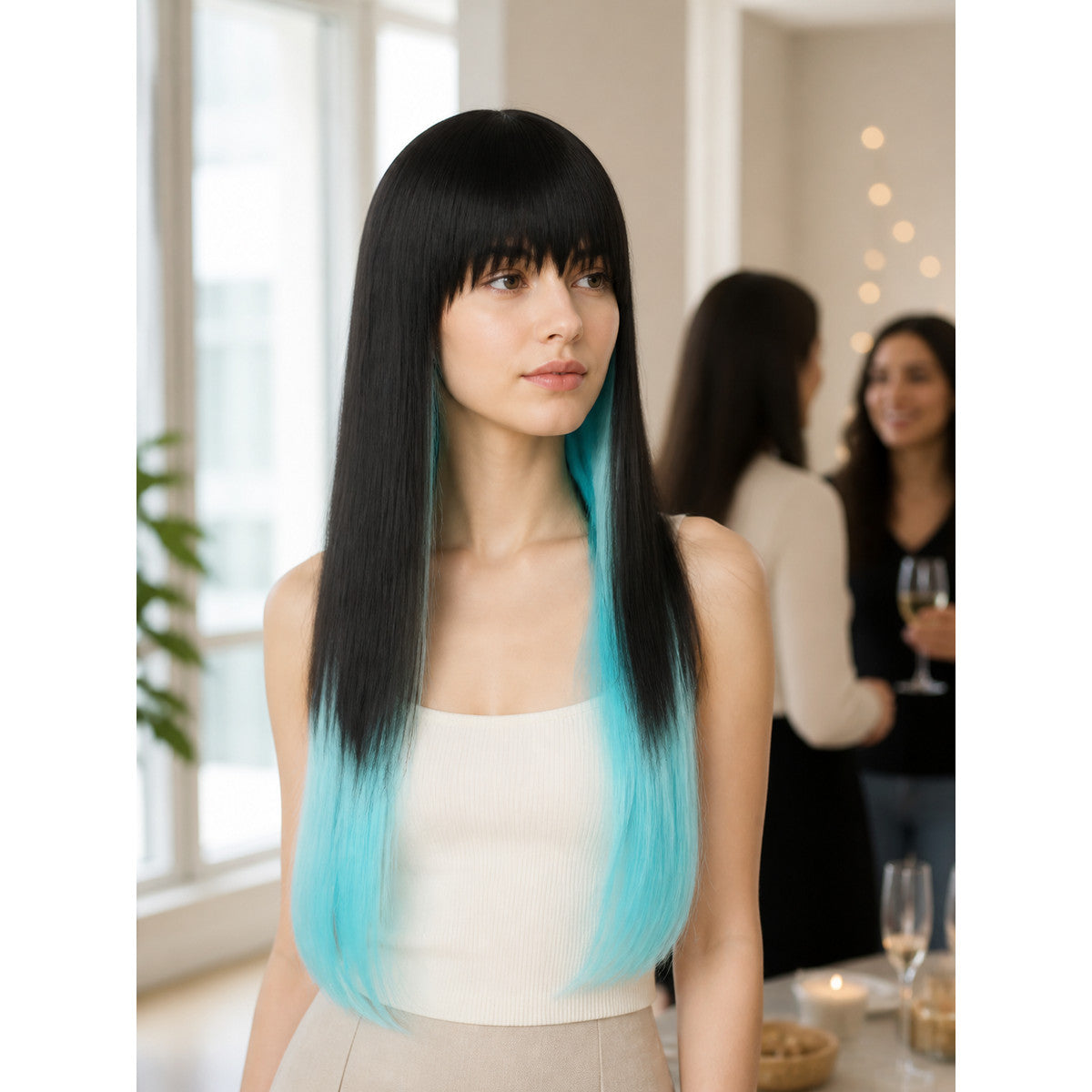 Black and Lime Green Carnival Wig for Halloween and Cosplay lifestyle view