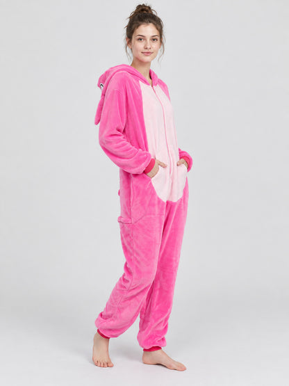 Pink pajama jumpsuit with hood, pocket, and zipper