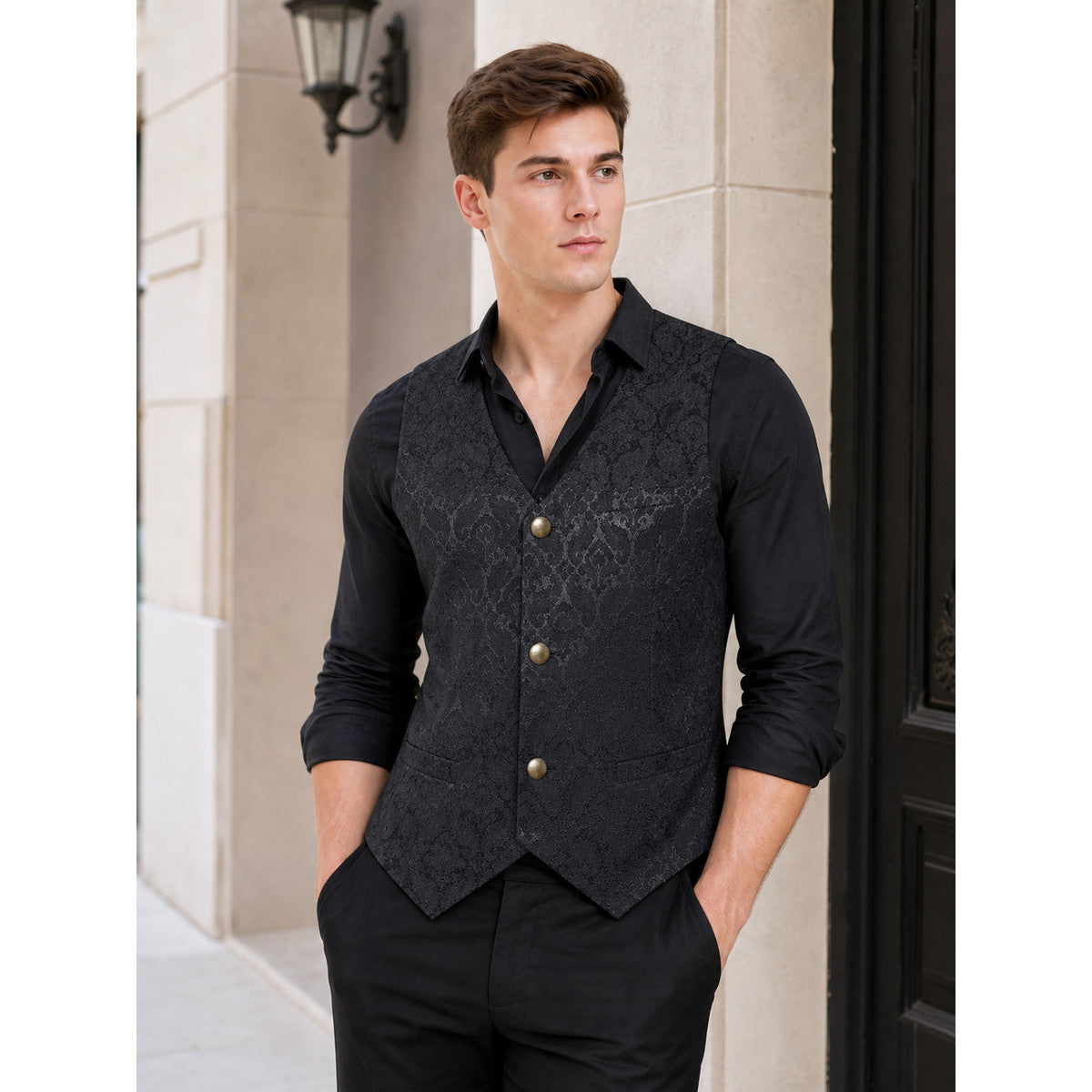Short Vintage Jacquard Vest lifestyle view