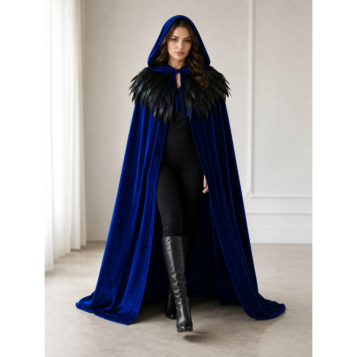 Blue Hooded Feathered Carnival Cape lifestyle