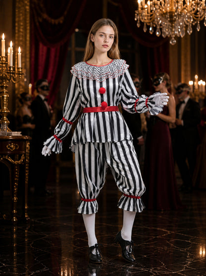 Adult Striped Clown Costume Set with Ruffle Collar and Red Trim, Two-Piece
