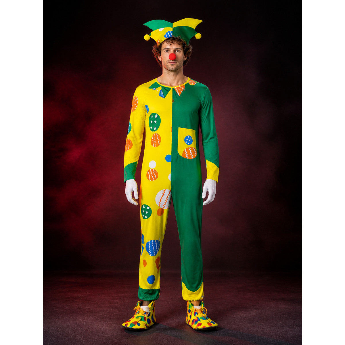 Unisex Adult Clown Bodysuit Costume with Multi-Pointed Hat, Yellow Green Split main product view