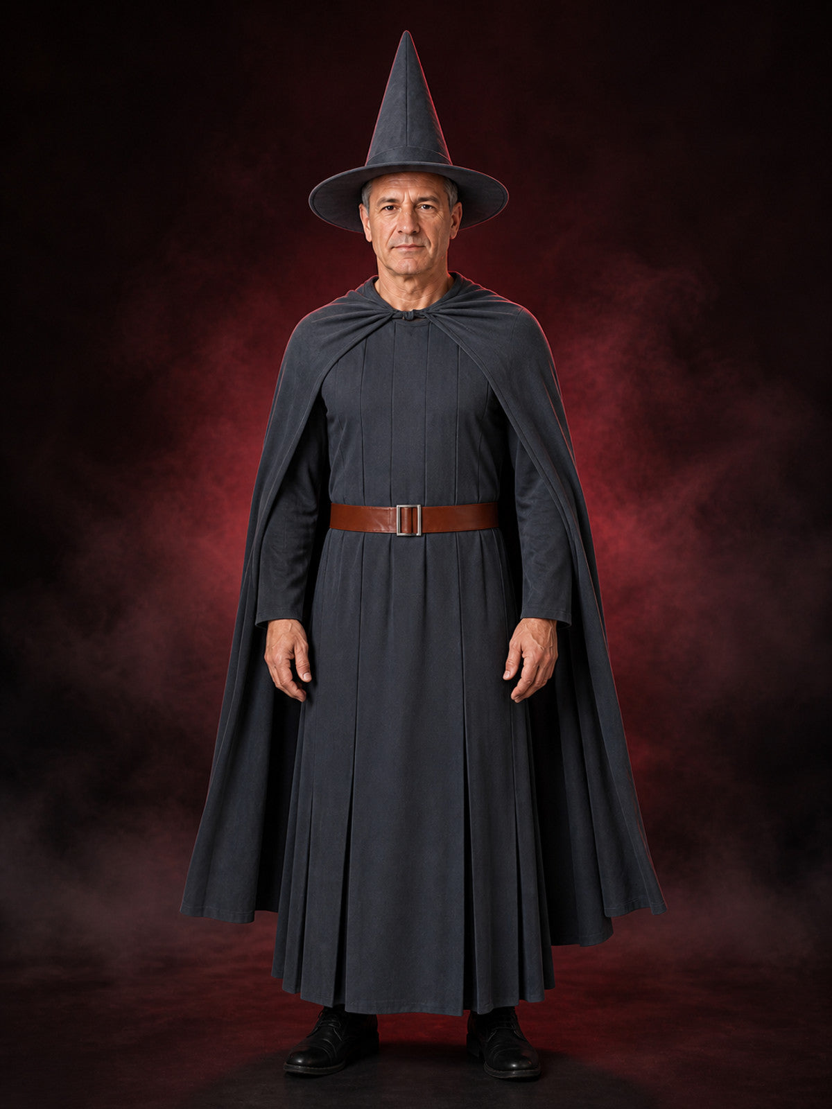 Unisex Wizard Costume Set With Dark Gray Robe, Pointed Hat, Belt, And Cape
