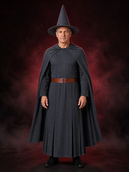 Unisex Wizard Costume Set With Dark Gray Robe, Pointed Hat, Belt, And Cape