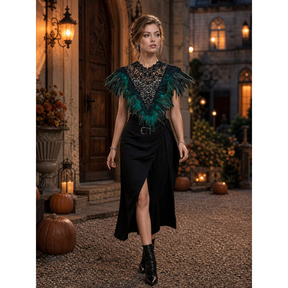 Halloween Costume Cape, Short Shoulder Cape with Green & Gray-Black Feather Trim and Black Lace Front, for Cosplay Role Play Theme Party
