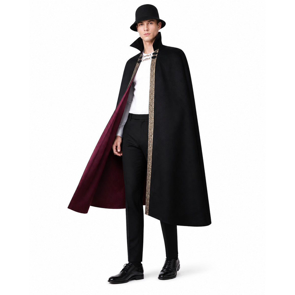 Cape with Hat, Black with Gold Trim on-model front view