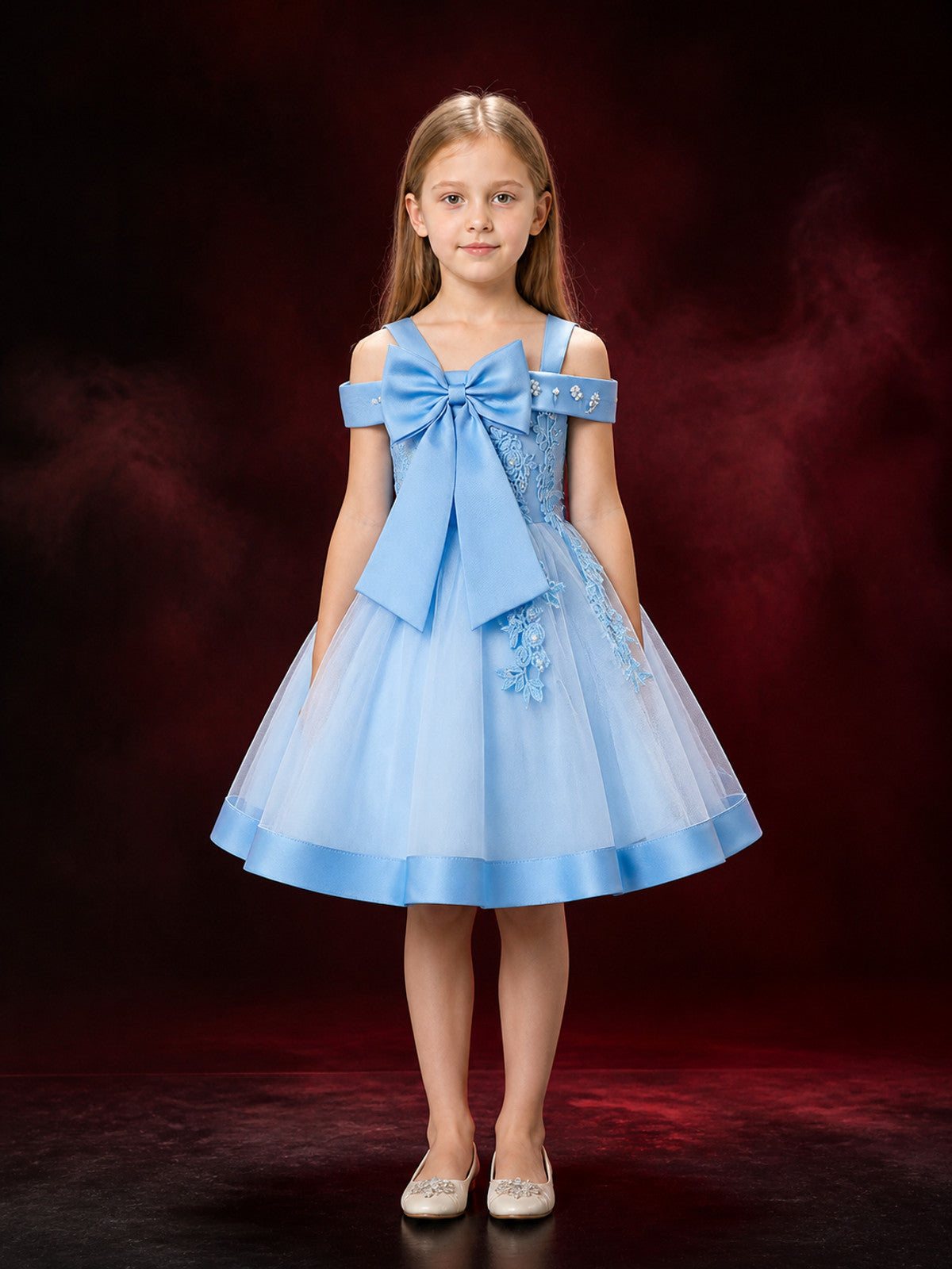 Baby Girls' Sky Blue Princess Dress with Beaded Floral Embroidery and Tulle main product view