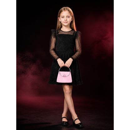 Pink Heart Crystal Sequin Satin Handbag With Curved Silver Handle main product view