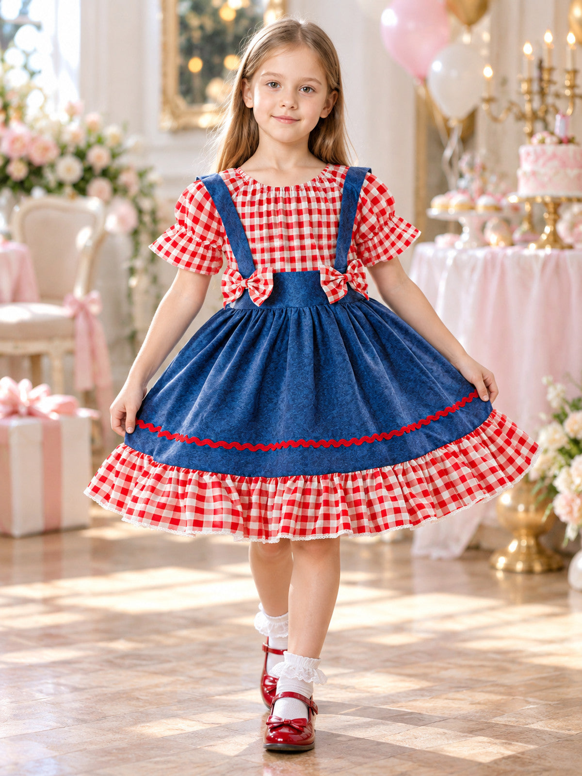 Red Plaid Girls Dress with Bows and Ruffles